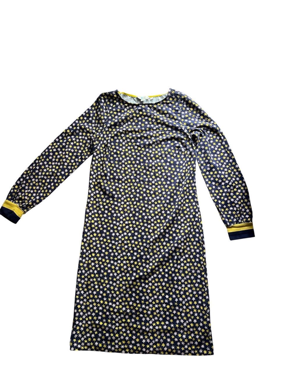 Boden Navy Star Print Dress with Yellow Trim and Pale Pink Stars Midi Stretch 4